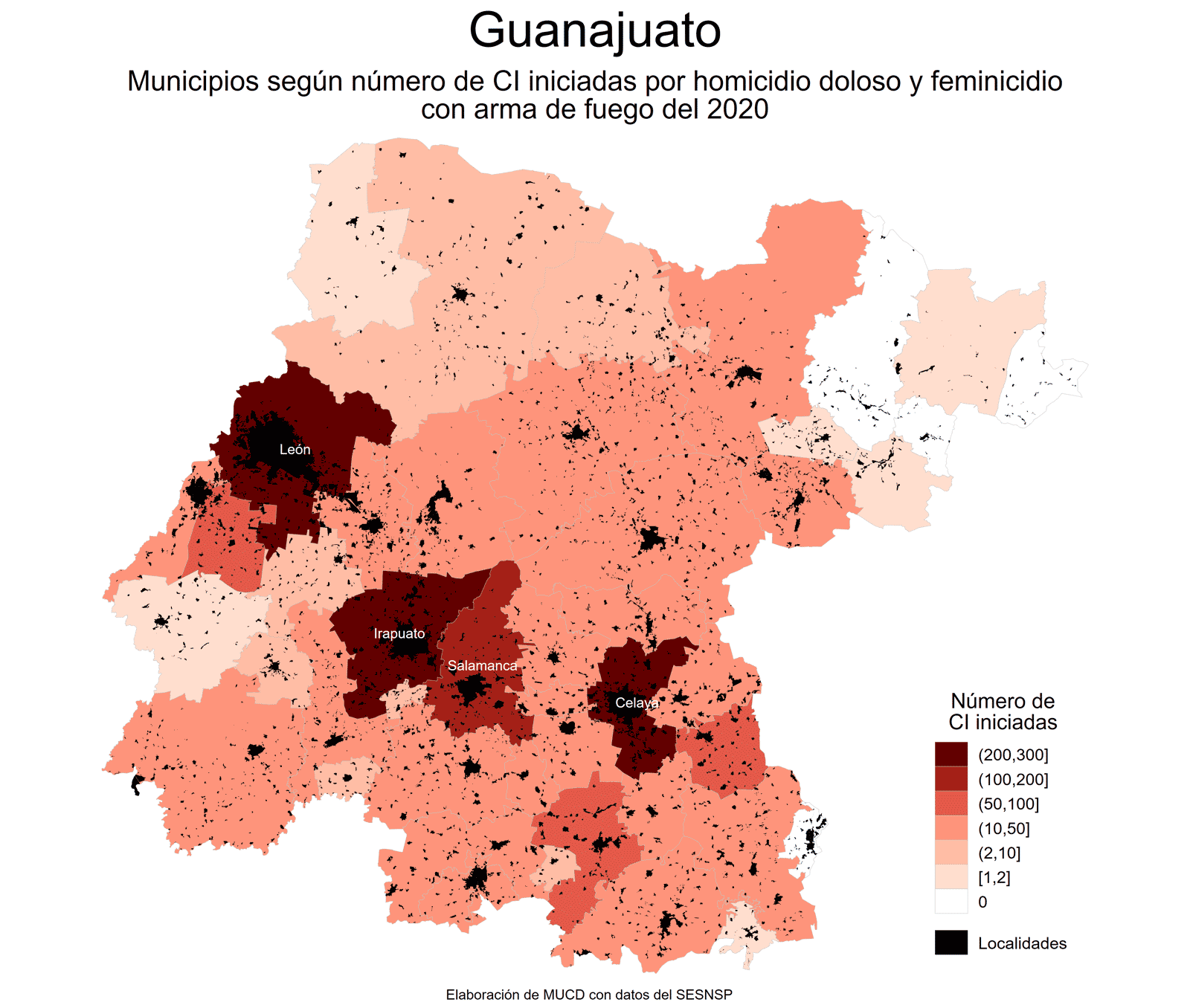 Municipios según número de CI iniciadas por homicidio doloso y feminicidio con arma de fuego del 2020