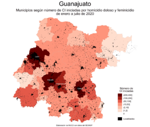 Municipios según número de CI iniciadas por homicidio doloso y feminicidio de enero a julio 2020