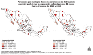Percepción por municipio de que las condiciones de delincuencia seguirán igual de mal o empeorarán en los siguientes 12 meses